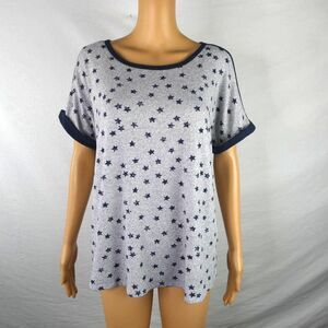 Lucky Brand Super Soft Grey Star Print Ringer Knit T Shirt Top Blouse Distressed